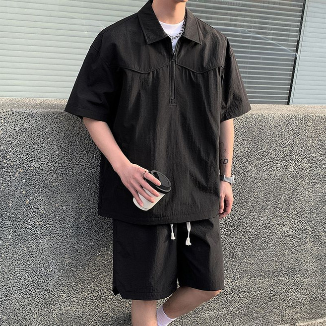 WEIHAN 남성 냉감 아이스 반집업 반팔 반바지 셋트 캐주얼 아노락 반팔 맨투맨 투피스 데일리룩