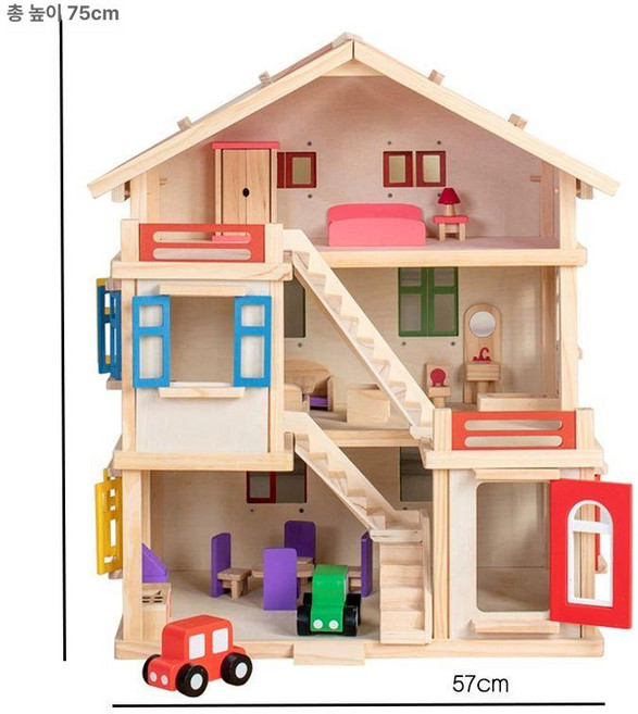 디아모어 DIY 인형의집 원목인형의집 인형하우스 원목장난감 원목하우스, 1개, 3층 별장 + 작은 차 + 가구