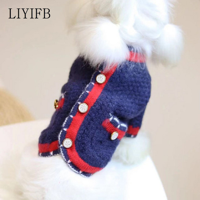LIYIFB 강아지명품옷 니트 가디건 반려동물 트위드 스웨터 겨울 두꺼운 아우터, 네이비, 1개