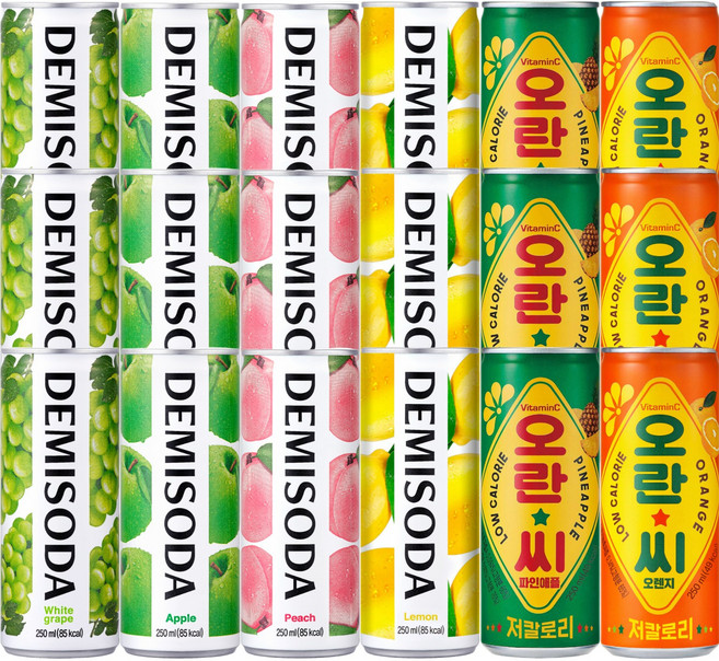 데미소다 오란씨 탄산음료 6종 각 3개씩 혼합세트(애플+복숭아+레몬+청포도+오란씨파인애플+오란씨오렌지), 18개, 250ml