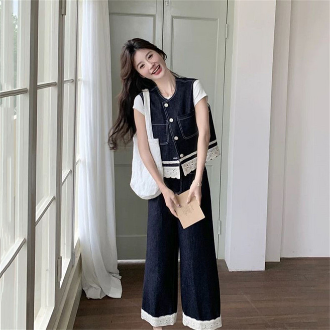 여성투피스 여성세트 데님조끼 + 와이드팬츠 레이스 청조끼 + 와이드팬츠 ZFY081901 52