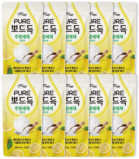 피죤 퓨어 뽀드득 주방세제 레몬향 리필 베이킹소다 풍성한 거품 기름 때 제거, 10개, 300ml