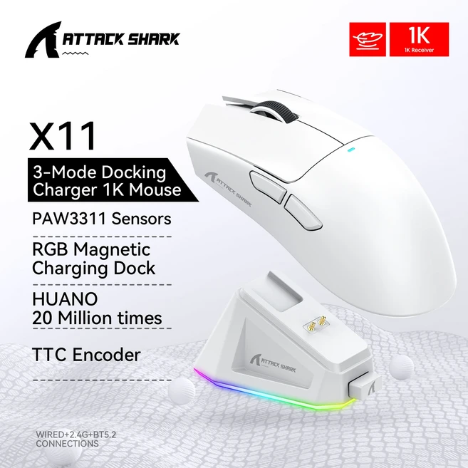 X11 ATTACK SHARK X11SE 게이밍 마우스 무선 22000 DPI PixArt PAW3311 센서 BT/2.4G/유선 59g 경량 2000만, 01 CHINA, 07 X11 White