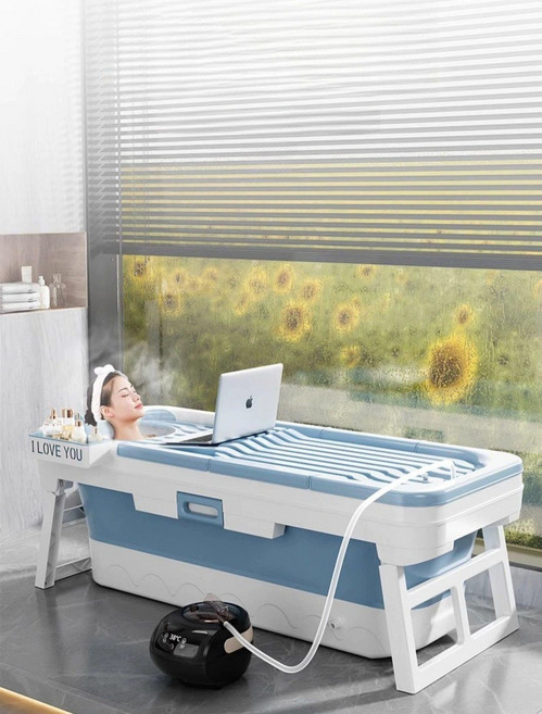 욕조 이동형 접이식 이동식 가정용 사우나 실내, 1개, 스팀기 1.46m 레이크블루 보온커버 쿠션