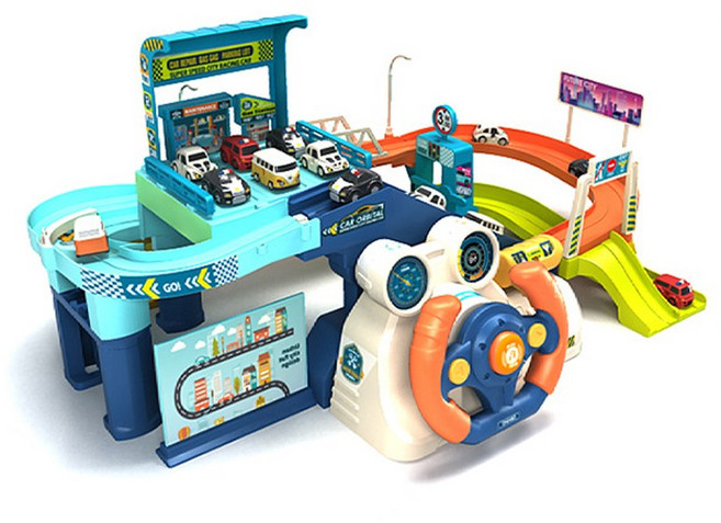 城市交通軌道 汽車停車場玩具組, 城市方向盤交通軌道（4車+地圖）, 1箱