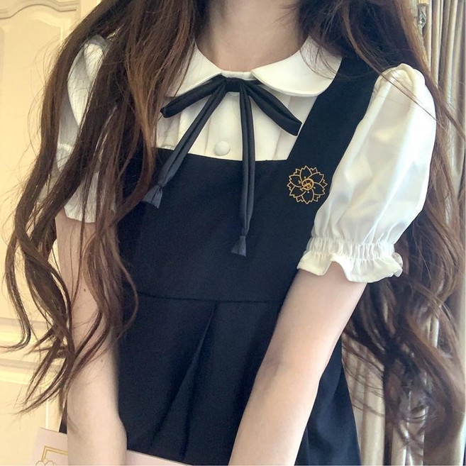 日系學院風背帶裙兩件套女學生娃娃領襯衫連衣裙