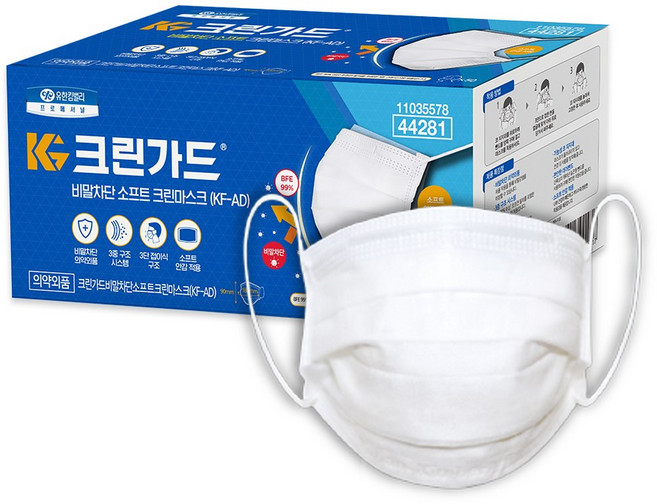 크린가드 비말 차단 소프트 크린 일회용 마스크 KF AD, 50개입, 1개, 흰색