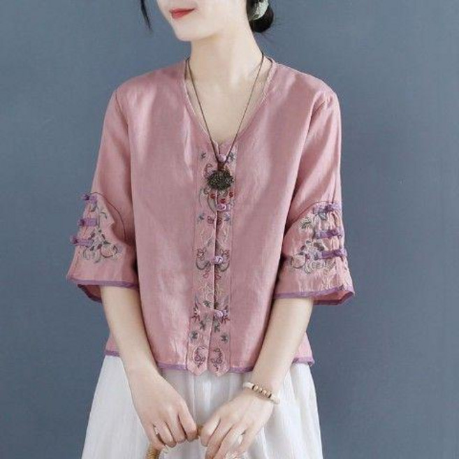 復古刺繡盤扣麻棉襯衫女夏 中式禪意茶服寬鬆短款上衣