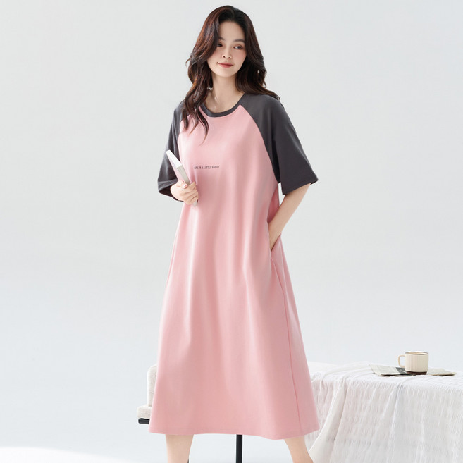 리얼 빅사이즈 여성 원피스 잠옷. 핑크 오버핏 홈웨어 반팔