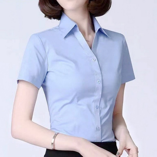 로로비 슬림핏 여성 반팔 셔츠 캐주얼 여름 정장 카라 블라우스 화이트 블랙 블루 핑크