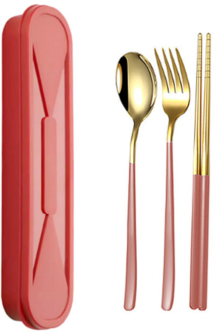 투데이리빙 3종 티타늄 수저 세트 숟가락 젓가락 포크 수저통 스텐 커트러리 디저트 스푼 나이프 도시락 케이스, 1세트, 숟가락+젓가락+포크+수저통, CJS005P(A골드핑크