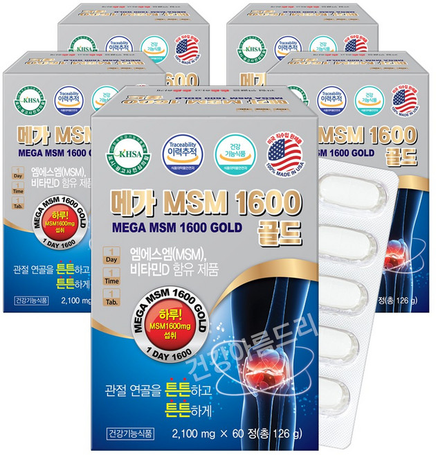 미국 메가 엠에스엠1600 골드 60정X5통 MSM 영양제 보스웰리아 글루코사민, 126g, 5개
