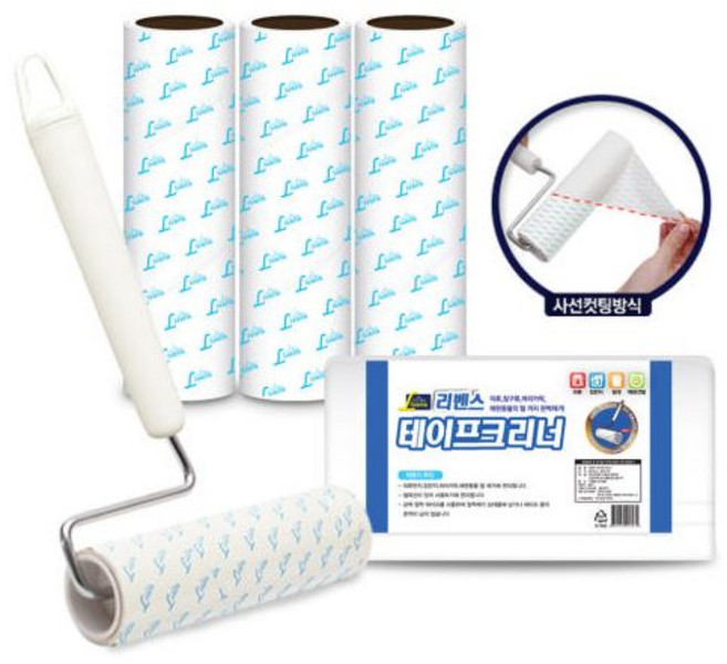 리벤스 사선컷팅 돌돌이 스탠드형 테이프크리너 4종세트, A.테이프크리너 본체+리필1개+밀대, 1개