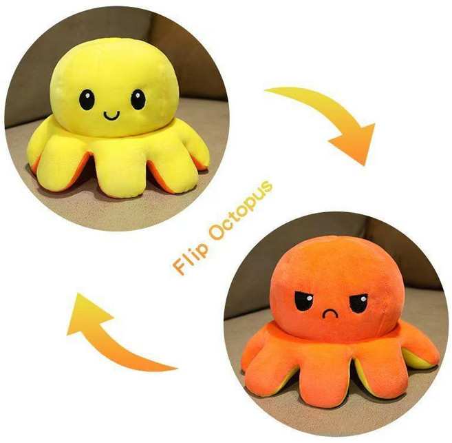 毛絨玩具 雙面小章魚公仔 翻面變臉玩偶 八爪魚娃娃 心情玩偶 生日禮物, 1個, 黃色轉橘色,直徑19釐米禮品袋款 禮品袋+燈, 19cm