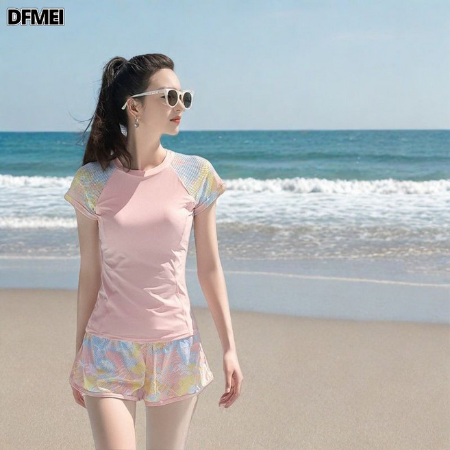 DFMEI 短袖分體保守泳衣女平角褲套裝顯瘦遮肚速幹溫泉服大碼游泳裝, 2XL碼【建議60-65Kg】