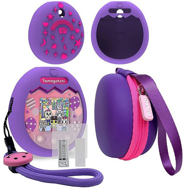 JCHPINE Tamagotchi Pix 인터랙티브 가상 애완 동물 게임 기계와 호환되는 하드 휴대용 케이스 및 실리콘 커버 다마고치 픽스 액세서리용 스크린 필름 프로텍터(퍼, 퍼플-핑크