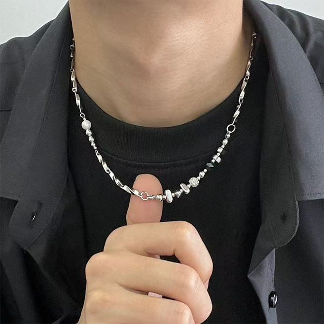 UNIQUEZON 남자 비즈 목걸이 빈티지 원석 체인 목걸이