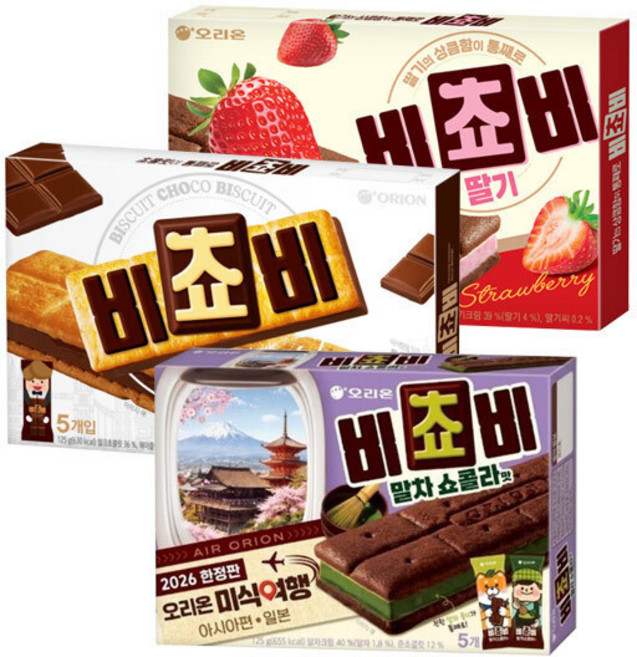 오리온 비쵸비 125g+딸기 125g+말차쇼콜라 125g, 1세트, 각1개(총3개)
