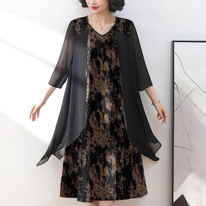 ROYALBELLE 여성 브이넥 프린트 미디 7부소매 빅사이즈 페이크 투피스 쉬폰 원피스 K052104