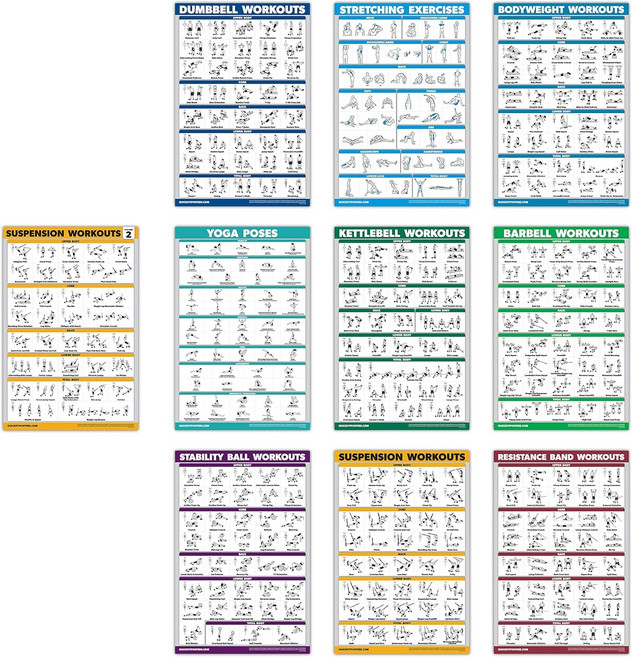 10팩 - 운동 포스터 세트 서스펜션 볼륨 1 및 2 덤벨 케틀벨 저항 밴드 스트레칭 체중 바벨 요가 자세 공 종이 적층되지 않음 18인치 x 24인치