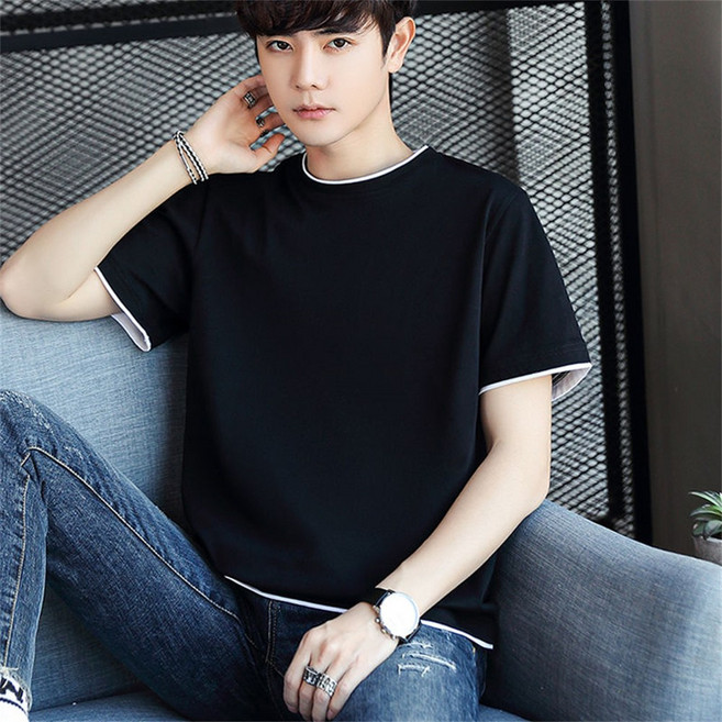 besteffie 남성 여름 긴팔 반팔 티셔츠 페이크 레이어드 간단한 디자인 고급스러운 면 소재 단톤 클래식 상의 K31