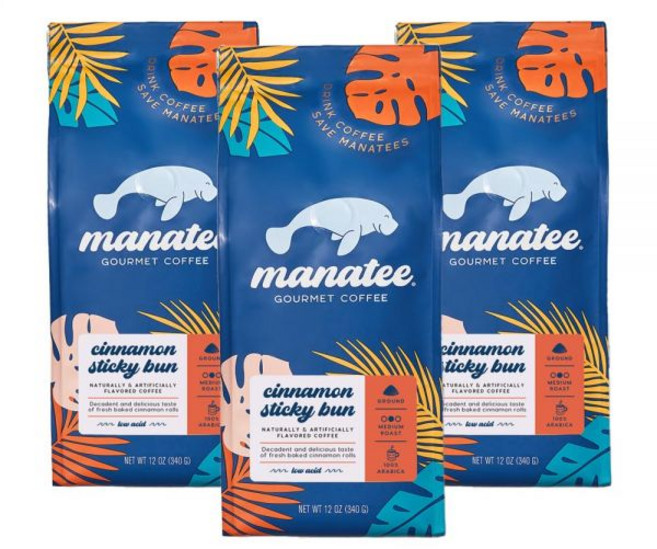 Manatee Gourmet Coffee 원두 홀빈 마나티 고메 커피 분쇄 미디엄 로스트 카리브해 딜라이트 12온스 백3개 묶음 36온스, Sticky Bunn, 36 온스 (1개 묶음)