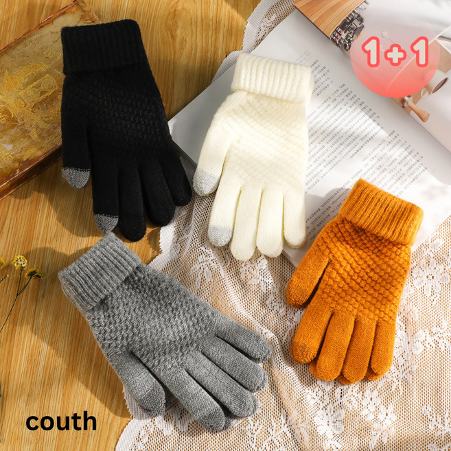 코우즈 1+1 남녀공용 꽈배기 니트 기모 스마트 터치 장갑 세트 4컬러