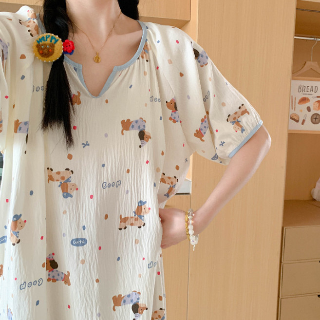 야오야오 아이보리 반팔 원피스 잠옷