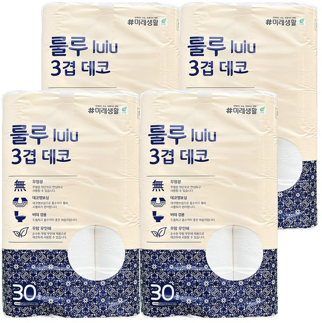 케이에이치커머스 미래생활 룰루 3겹 데코 22m 30롤x4팩, 30개입, 4개
