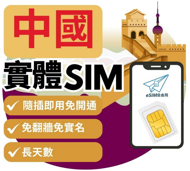 eSIM自由飛 中國實體SIM卡 長天數 吃到飽, 1個, C多電信【中國】總量3GB,【中國】15天