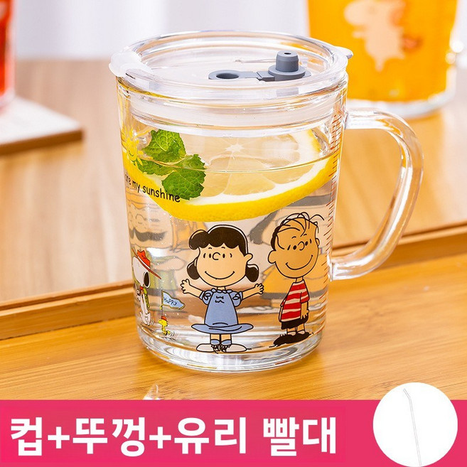어린이 전용 우유컵 유리컵 눈금 표시 빨대컵 뚜껑과 손잡이가 있는 가정용 아기 물컵, 301-400ml, 스누피+뚜껑+실리콘 빨대