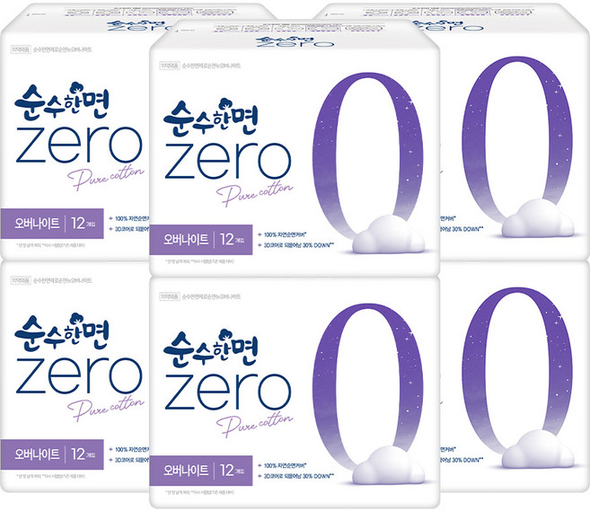 순수한면 제로 생리대 날개형, 오버나이트, 12개입, 6개
