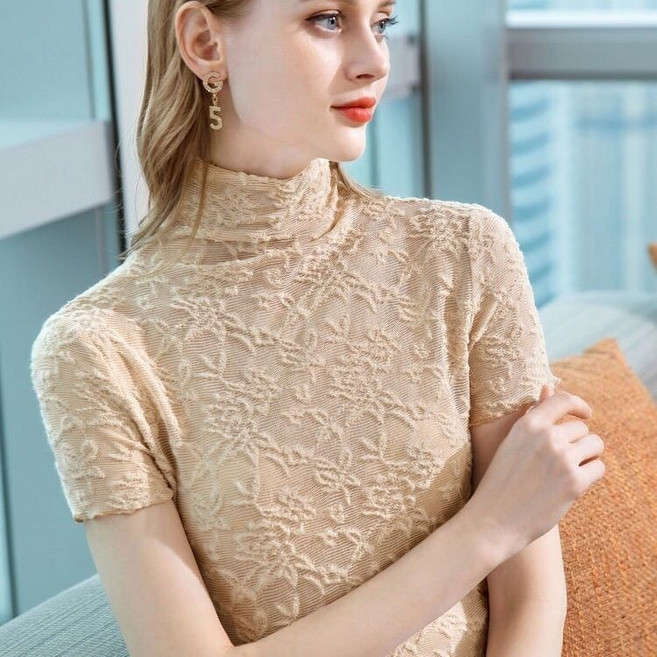 여름 여성 목폴라티 캐주얼 망사 레이스 루즈핏 반팔 반폴라티 빅사이즈 데일리 여자 반목 반팔티 YJW