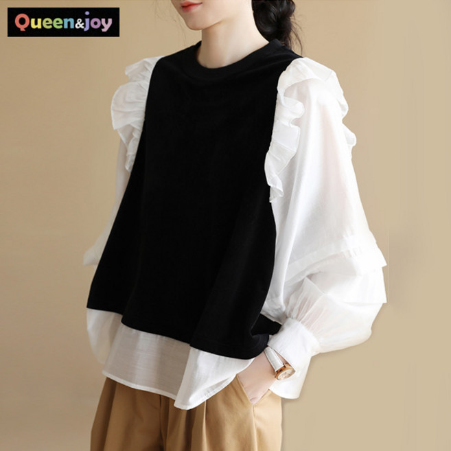 퀸앤조이 라엔코 프릴 레이어드 퍼프소매 블라우스 니트