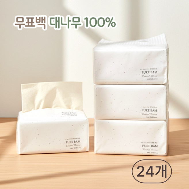 휴홈 무표백 대나무 퓨어밤 소프트팩 팝업 티슈 3겹, 24개, 160매