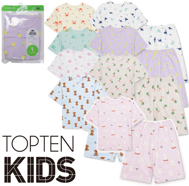 탑텐키즈 여름 잠옷 시원하고 부드러운 프리미엄원단 내복 반팔 티셔츠 반바지 상하복 세트