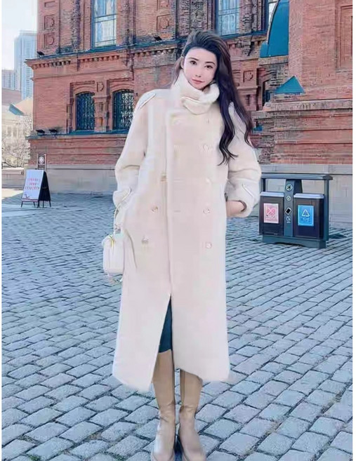 겨울 새로운 더블 브레스트 영국 스타일 스탠드 칼라 모조 밍크 벨벳 롱 코트 모피 한 모조 모피 코트 여성