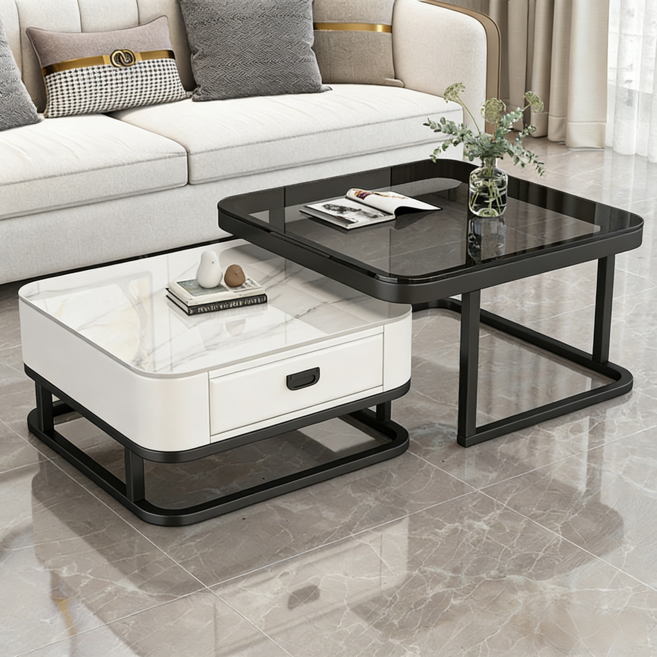 BYOU 이탈리아풍 스타일 거실테이블 수납 소파테이블 접이식 티테이블 세트, 화이트 + 블랙 프레임
