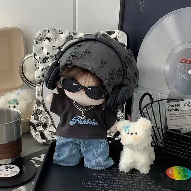 10cm 인형옷 힙팝맨 모자 상하의 액세서리 세트, 03.회색인형옷세트(의류+장식)+검정안경