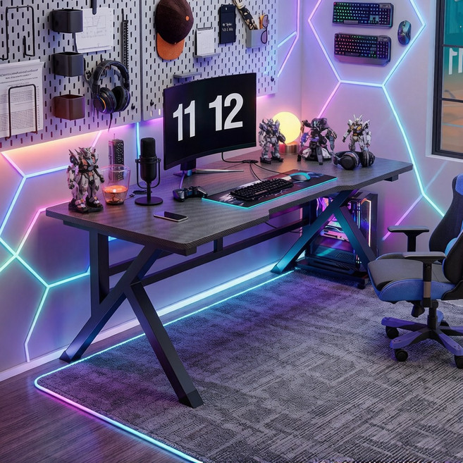 Tixpra 가정용 게임 데스크 카본 패턴 접이식 테이블 철제 사무용 책상 컴퓨터 책상 설치 필요 없음, 블랙1