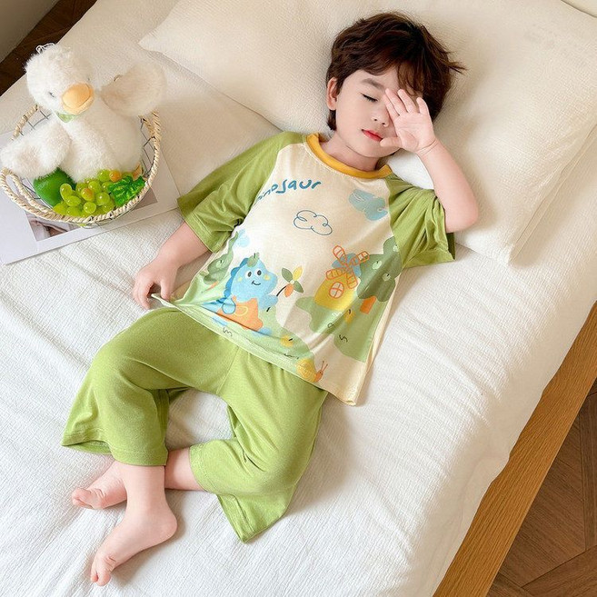 兒童睡衣套裝 五分袖恐龍圖案夏季家居服
