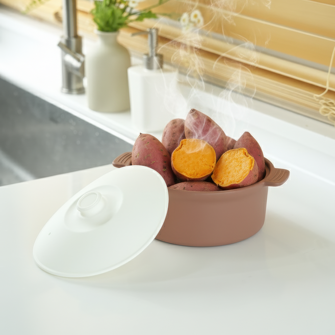 소노리떼 국산 실리콘 계란찜기 원형 대형 1200ml 라면용기, 아몬드브라운 화이트, 1개