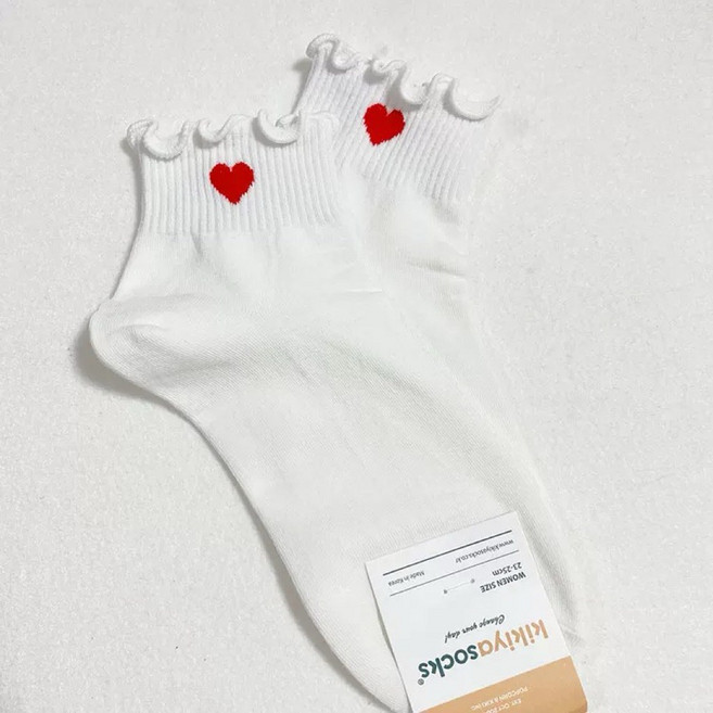 Kikiya socks 螺紋木耳花邊愛心短襪 韓國製