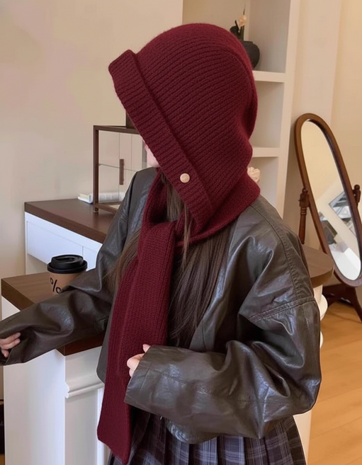 칩썬데이 여성 머플러 바라클라바 투웨이 후드 니트 목도리 넥워머, 레드, 1개