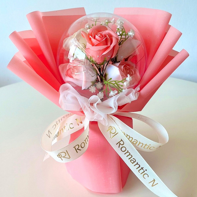 로맨틱앤 풍선꽃다발 카네이션 장미 꽃다발 LED 아크릴 꽃풍선 화환, 코랄핑크+일반형꽃다발