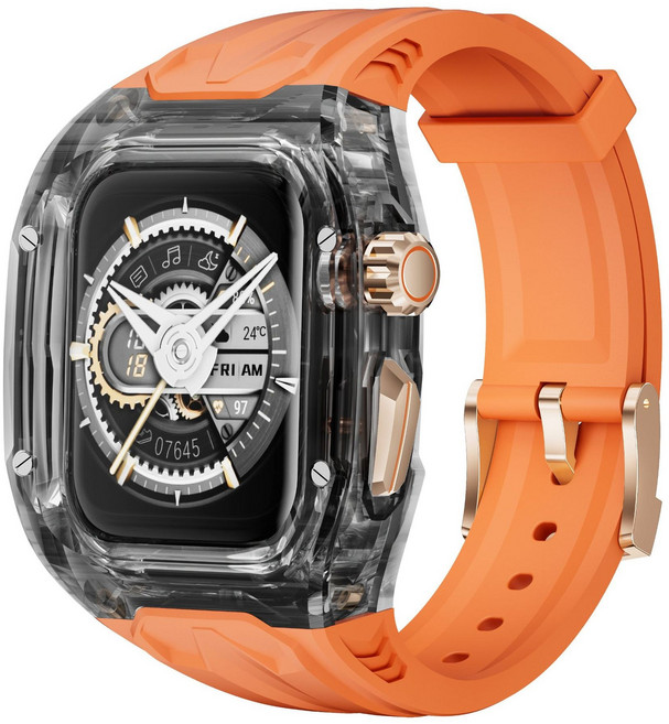 애플워치 78910세대 호환 풀커버 투명 일체형 케이스 밴드 스트랩 (스크린 스크래치 방지 쇼크 흡수 보호), 44/45mm, 주황색에서 검정색까지