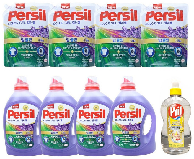 [퍼실] [겸용][총9종] 딥클린 컬러젤 라벤더 플러스 세탁세제 본품 2.7L x 4 + 리필 1.8L x 4 + 버넬 섬유유연제 x 1, 1개