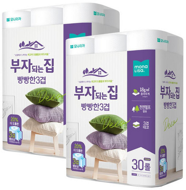모나리자 부자되는집 빵빵 3겹 데코 30롤 2팩 화장지 휴지, 2개