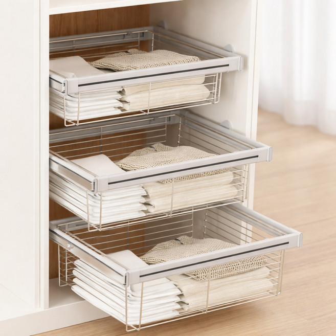 장롱 레일 슬라이딩 수납장 바구니 옷장 수납함 인출식 선반 드레스룸, 블랙 중간형 길이 670-720mm