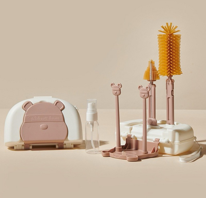 Robust bear 便攜式奶瓶刷套裝 矽膠奶瓶刷組 附多功能瀝水收納盒 咖色, 1個